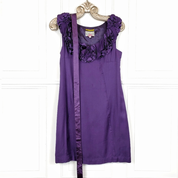 ANTHROPOLOGIE Satin Sleeveless Dress SZ 4 Rosette A Line Purple Small Baraschi - Picture 2 of 12